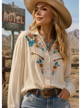 Stetson Embroidered Western Med Cream Cactus Floral Snap Front Boho Cowgirl